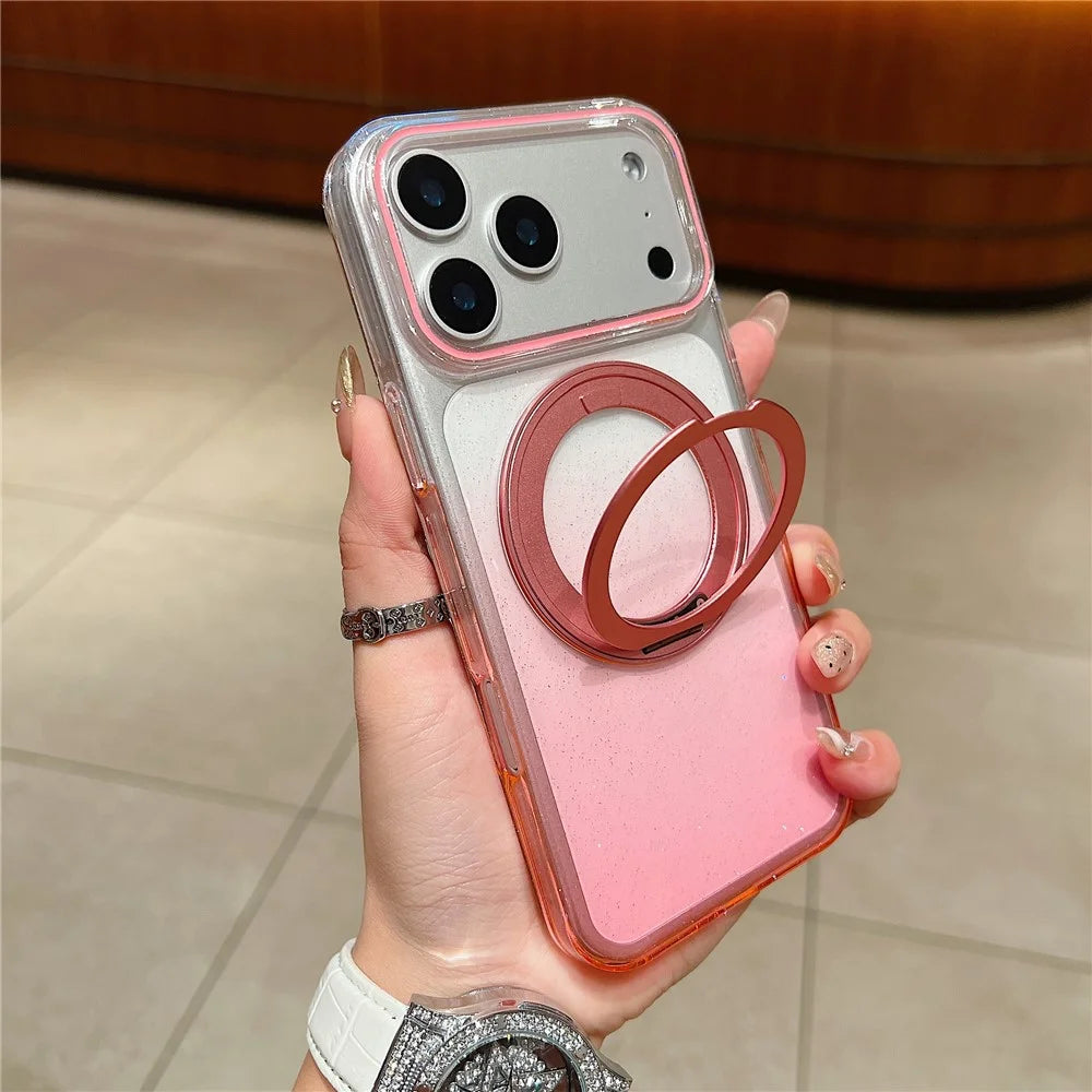 For iPhone 18 Pro Max / 17 Pro Max Magnetic Case 360 Rotating Ring Kickstand Gradient Clear TPU Phone Back Cover - Pink - 1