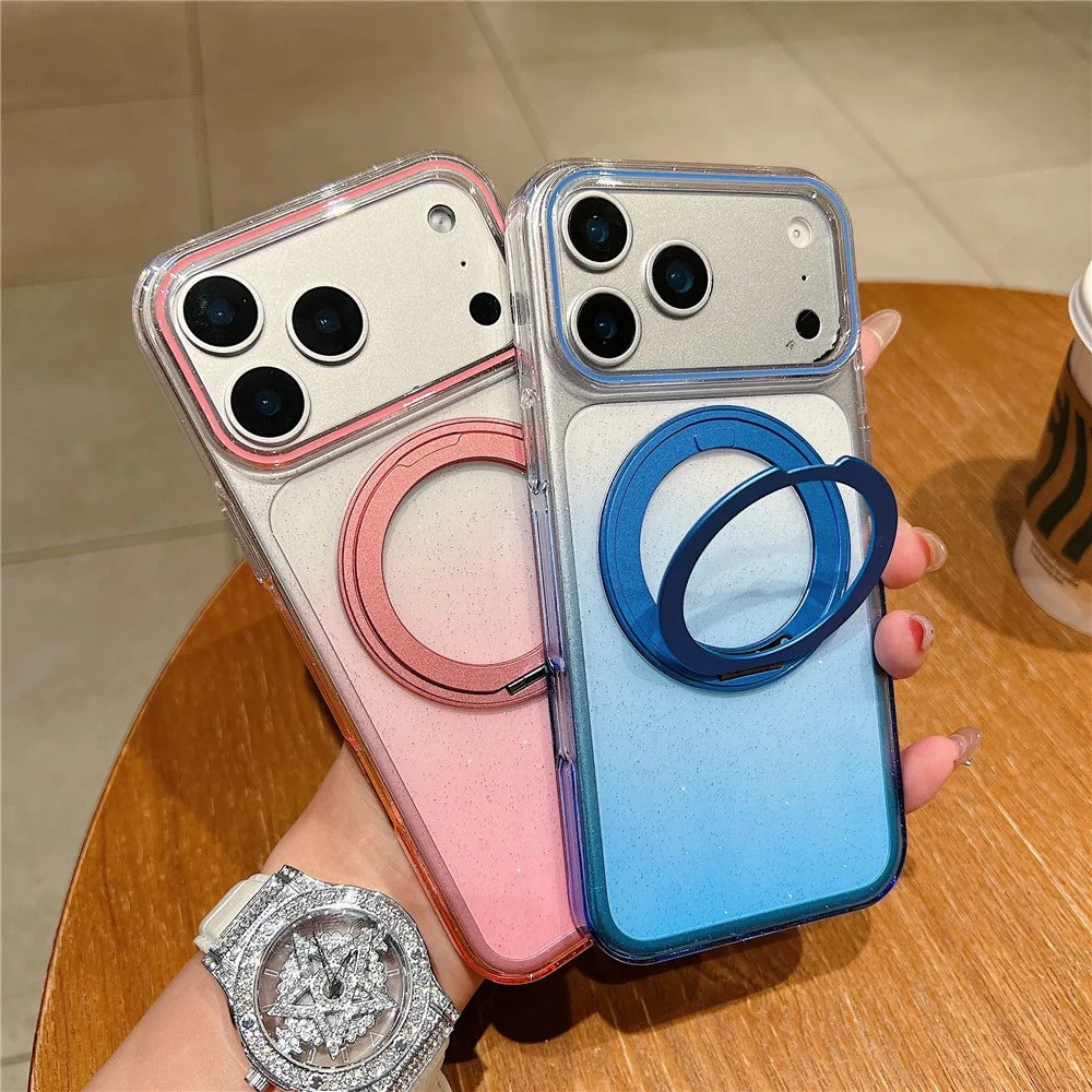 For iPhone 18 Pro Max / 17 Pro Max Magnetic Case 360 Rotating Ring Kickstand Gradient Clear TPU Phone Back Cover - Pink - 4