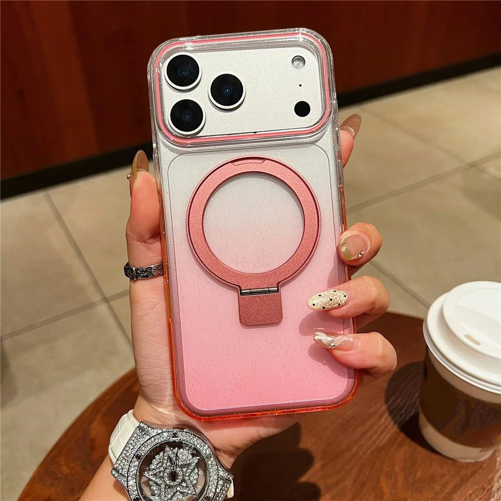 For iPhone 18 Pro Max / 17 Pro Max Magnetic Case Kickstand Gradient Clear TPU Phone Back Cover - Pink - 1