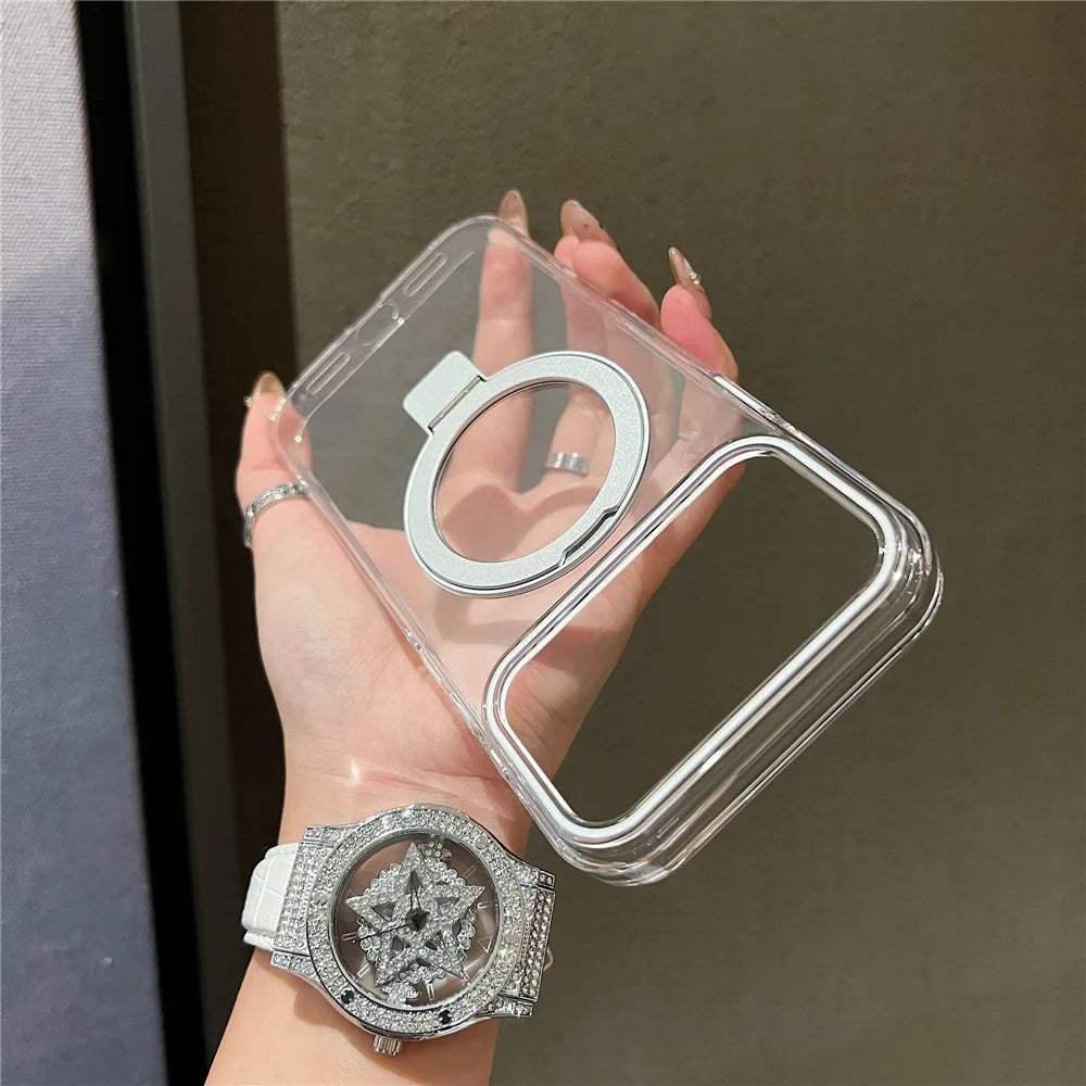 For iPhone 18 Pro / 17 Pro Magnetic Case Kickstand Clear TPU Phone Back Cover - Silver - 2