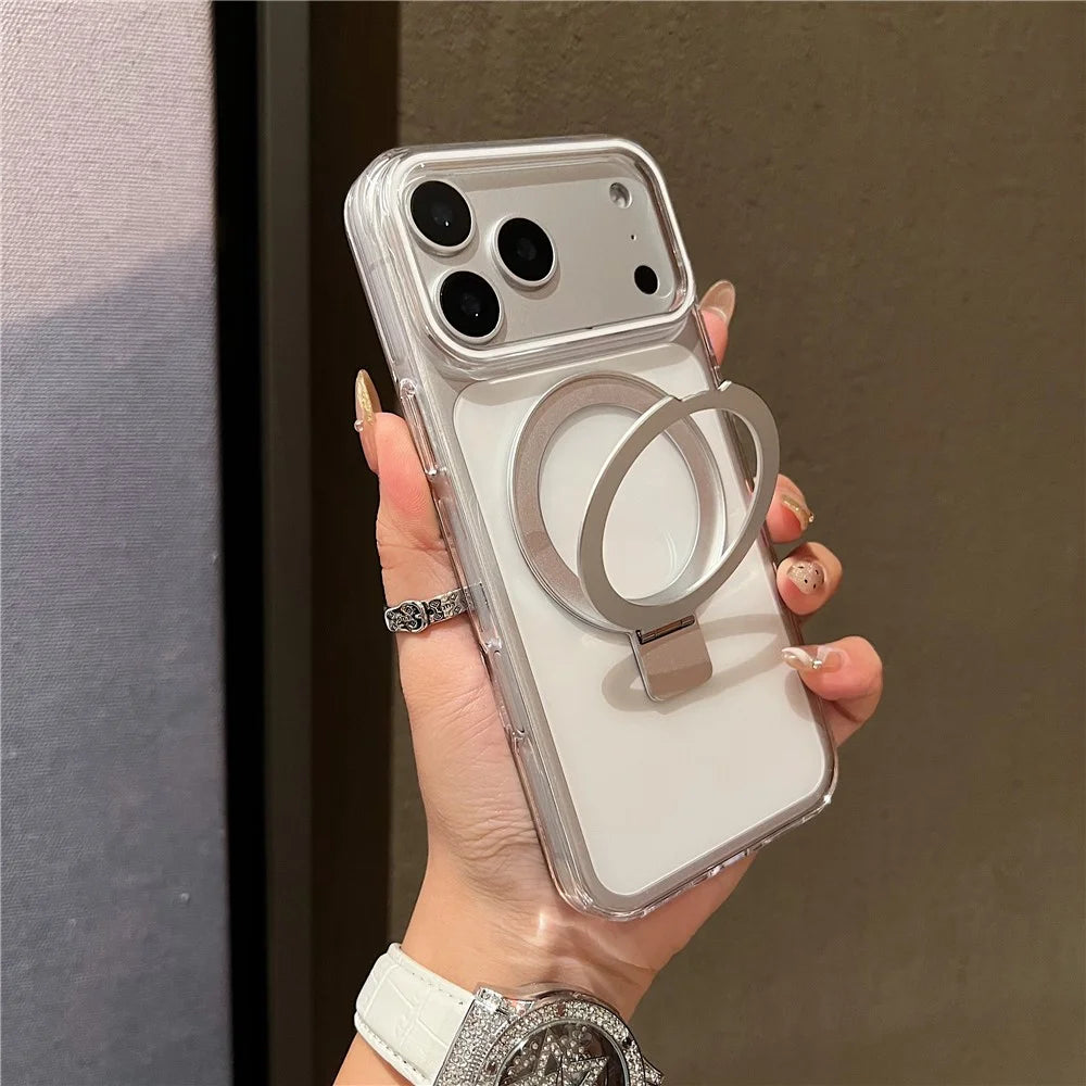 For iPhone 18 Pro Max / 17 Pro Max Magnetic Case Kickstand Clear TPU Phone Back Cover - Silver - 1