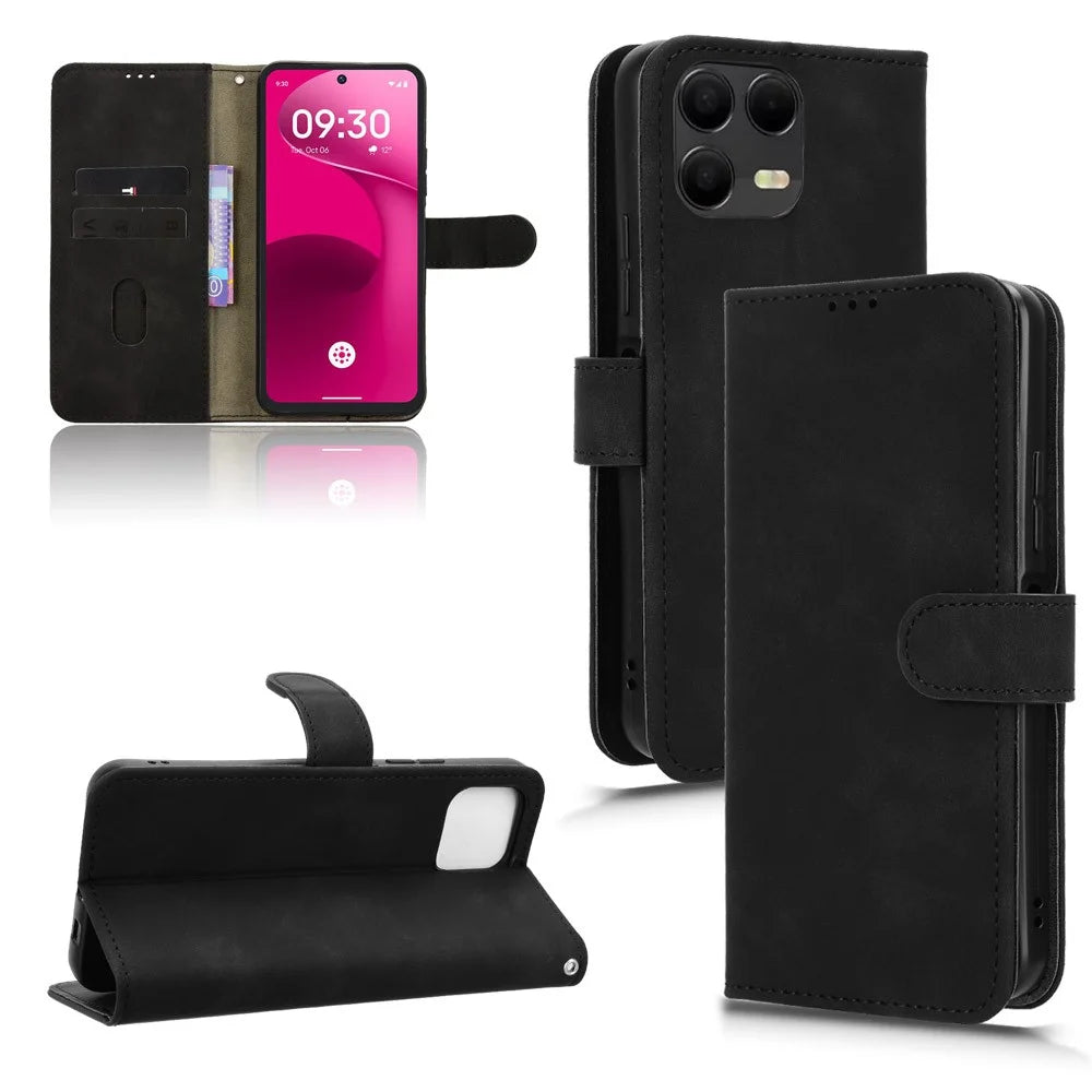 For T-Mobile Revvl 8 Pro  /  T Phone 3 Pro Leather Case Skin Feel Anti Drop Wallet Flip Phone Cover - Black - 7
