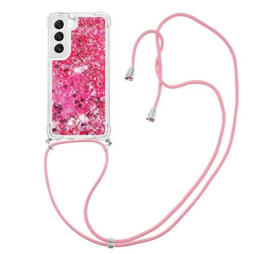 For Samsung Galaxy S23 TPU Case Quicksand Design Phone Cover with Lanyard - Pink  /  Hearts - 1