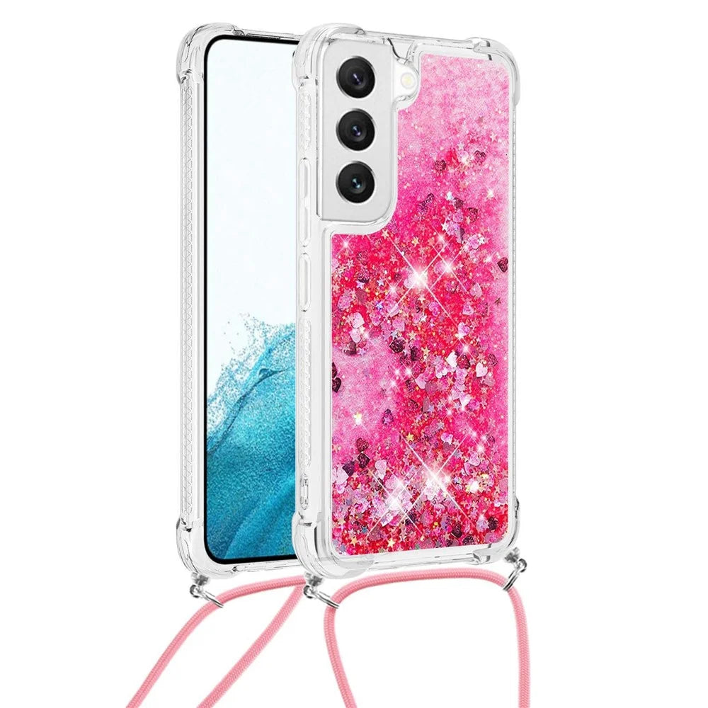 For Samsung Galaxy S23 TPU Case Quicksand Design Phone Cover with Lanyard - Pink  /  Hearts - 6