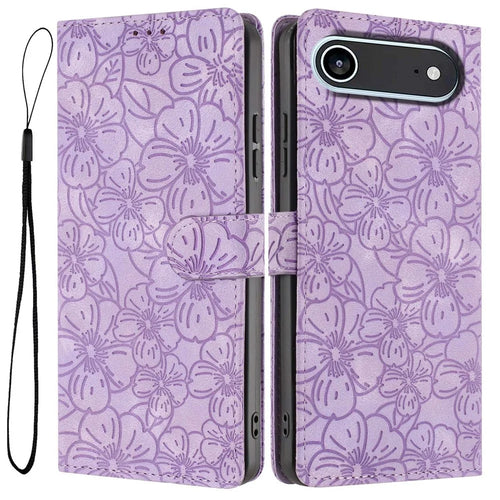 For iPhone Air Flip Case Cherry Blossom Pattern Leather Wallet Stand Phone Cover with Wrist Strap - Purple - 1