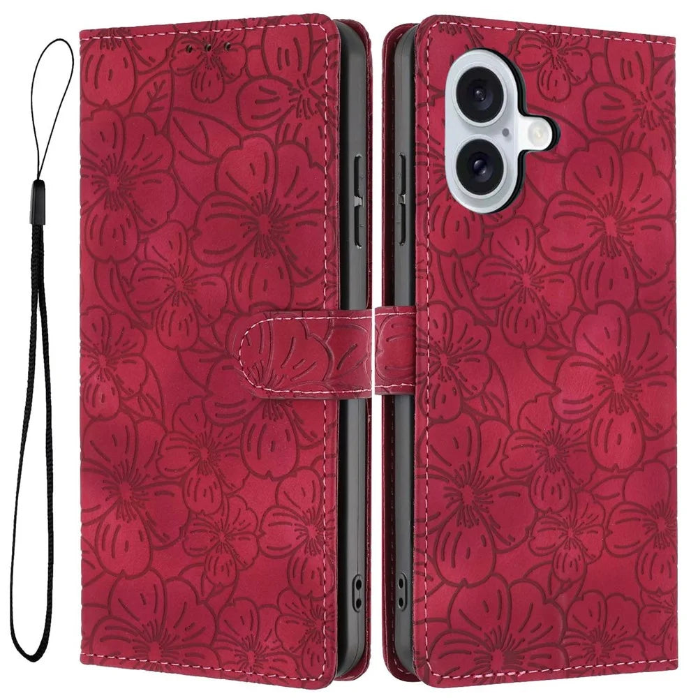 For iPhone 17 Flip Case Cherry Blossom Pattern Leather Wallet Stand Phone Cover with Wrist Strap - Wine Red - 1