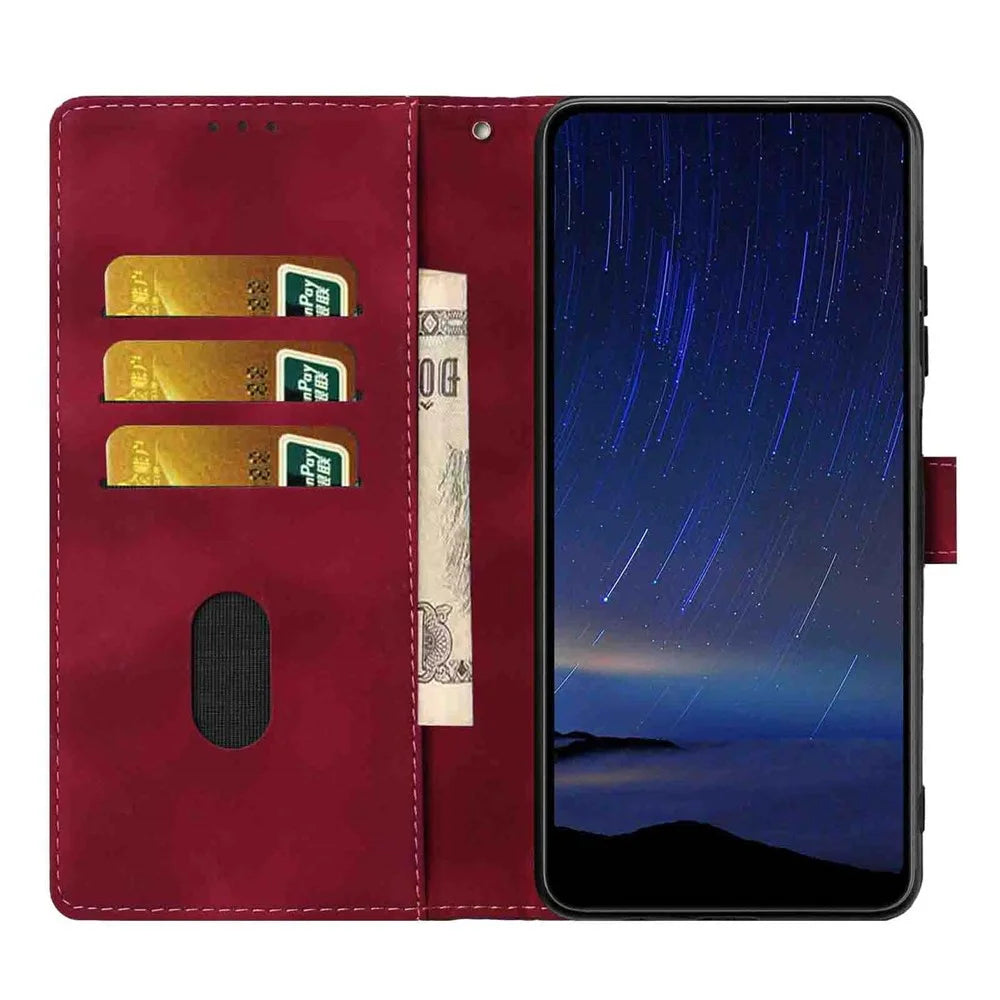 For iPhone 16 Flip Case Cherry Blossom Pattern Leather Wallet Stand Phone Cover with Wrist Strap - Wine Red - 2