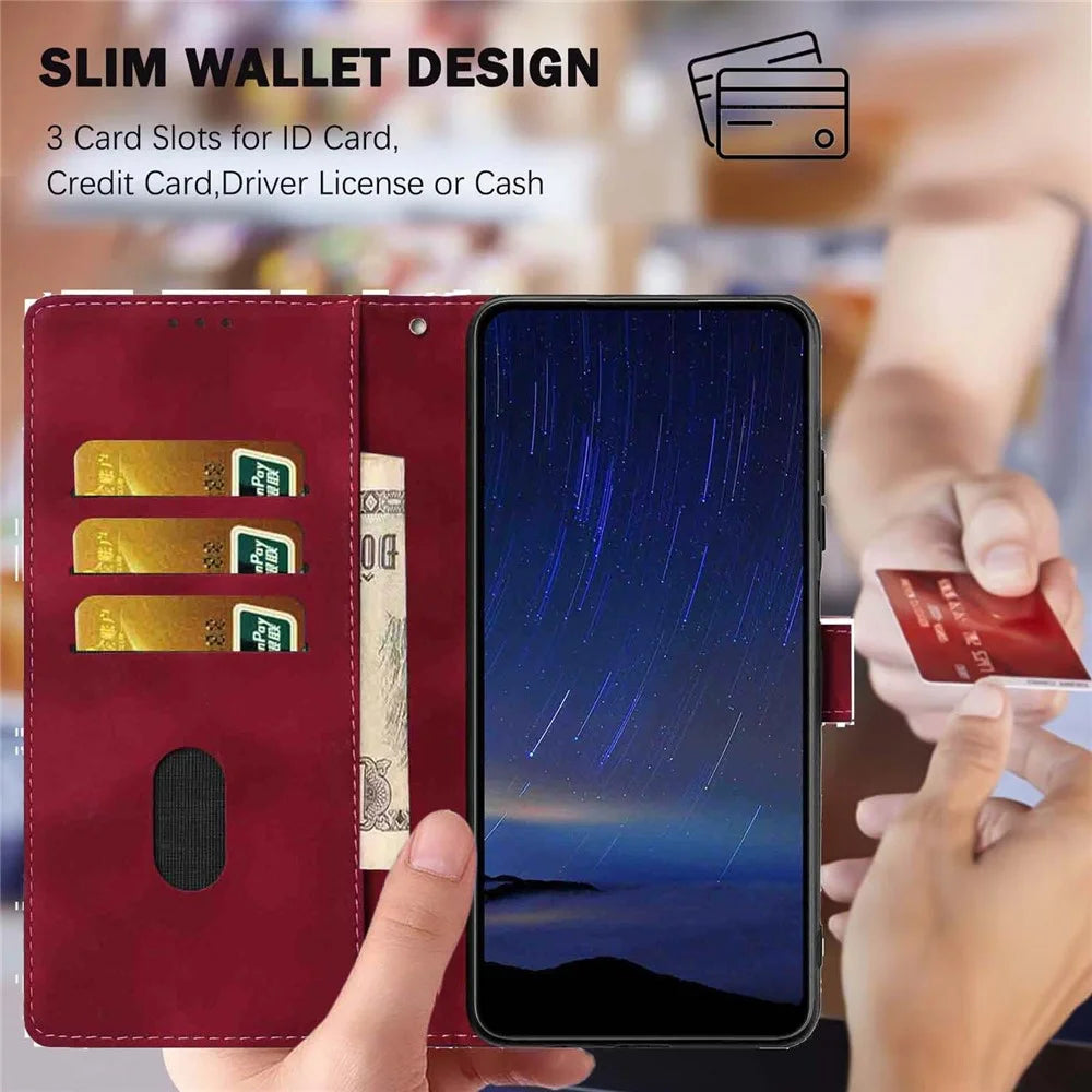For iPhone 16 Flip Case Cherry Blossom Pattern Leather Wallet Stand Phone Cover with Wrist Strap - Wine Red - 5