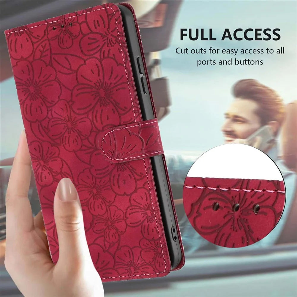 For iPhone 16 Flip Case Cherry Blossom Pattern Leather Wallet Stand Phone Cover with Wrist Strap - Wine Red - 6