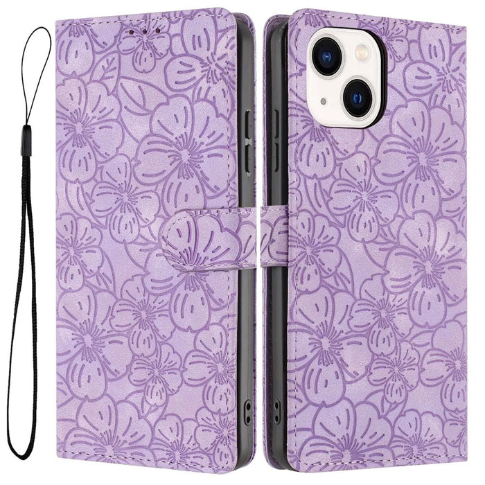 For iPhone 15 Flip Case Cherry Blossom Pattern Leather Wallet Stand Phone Cover with Wrist Strap - Purple - 1