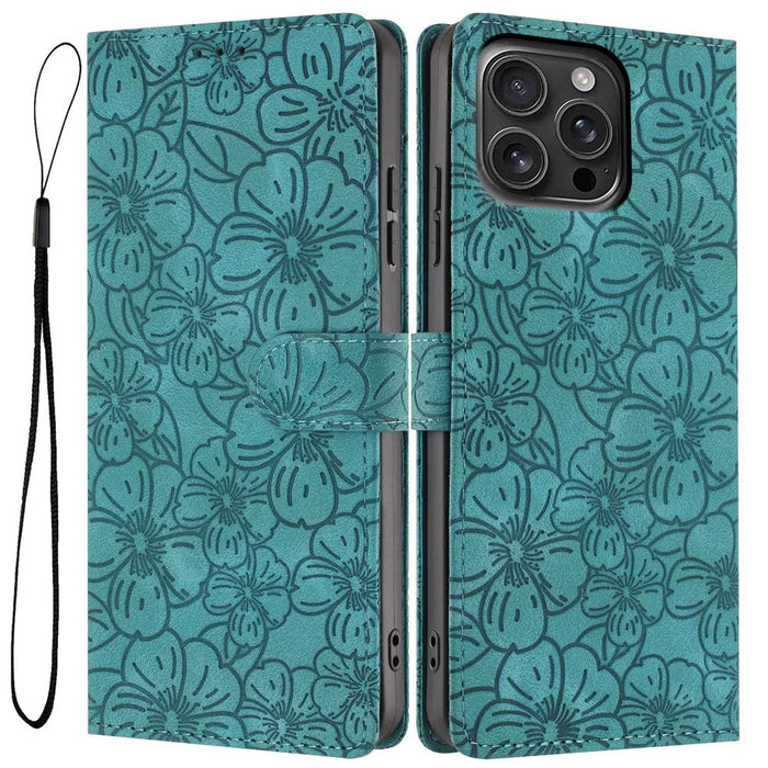 For iPhone 15 Pro Max Flip Case Cherry Blossom Pattern Leather Wallet Stand iPhone Cover with Wrist Strap - Green - 1