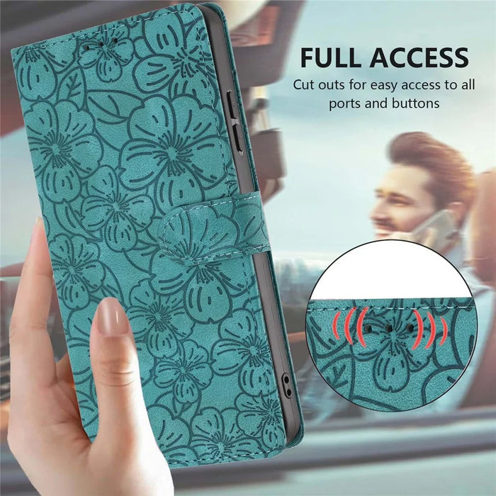 For iPhone 15 Pro Max Flip Case Cherry Blossom Pattern Leather Wallet Stand iPhone Cover with Wrist Strap - Green - 6