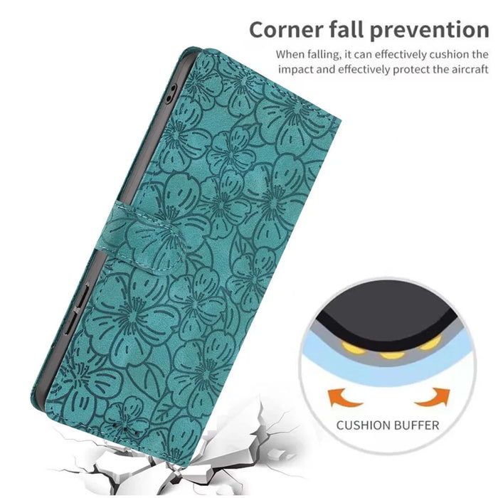For iPhone 15 Pro Max Flip Case Cherry Blossom Pattern Leather Wallet Stand iPhone Cover with Wrist Strap - Green - 7