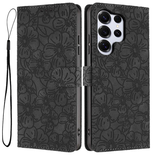 For Samsung Galaxy S26 Ultra Flip Case Cherry Blossom Pattern Leather Wallet Stand Phone Cover with Wrist Strap - Black - 1
