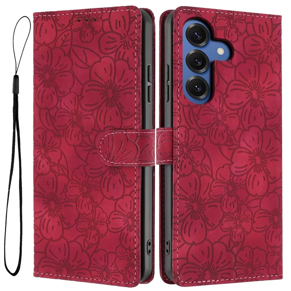 For Samsung Galaxy S26 Flip Case Cherry Blossom Pattern Leather Wallet Stand Phone Cover with Wrist Strap - Wine Red - 1