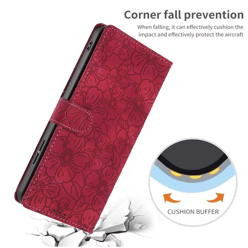 For Samsung Galaxy S26 Flip Case Cherry Blossom Pattern Leather Wallet Stand Phone Cover with Wrist Strap - Wine Red - 7