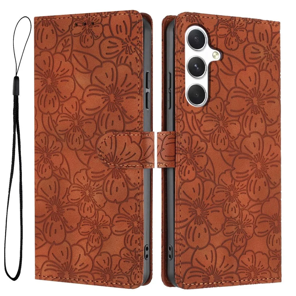 For Samsung Galaxy S25 FE Flip Case Cherry Blossom Pattern Leather Wallet Stand Phone Cover with Wrist Strap - Brown - 1