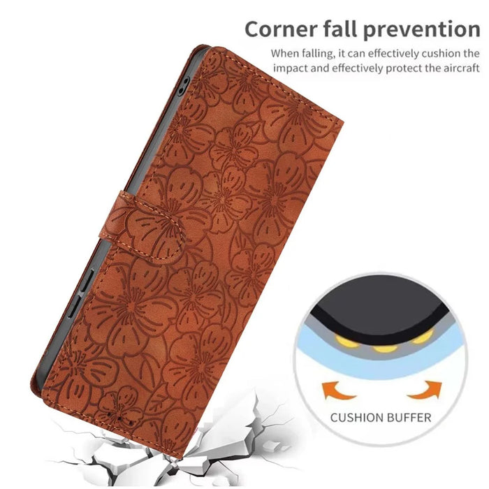 For Samsung Galaxy S25 FE Flip Case Cherry Blossom Pattern Leather Wallet Stand Phone Cover with Wrist Strap - Brown - 7