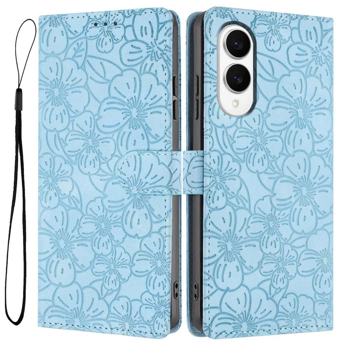 For Samsung Galaxy S25 Edge Flip Case Cherry Blossom Pattern Leather Wallet Stand Phone Cover with Wrist Strap - Sky Blue - 1