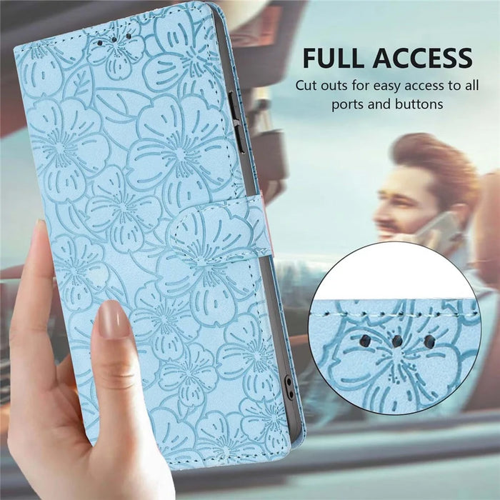 For Samsung Galaxy S25 Edge Flip Case Cherry Blossom Pattern Leather Wallet Stand Phone Cover with Wrist Strap - Sky Blue - 6