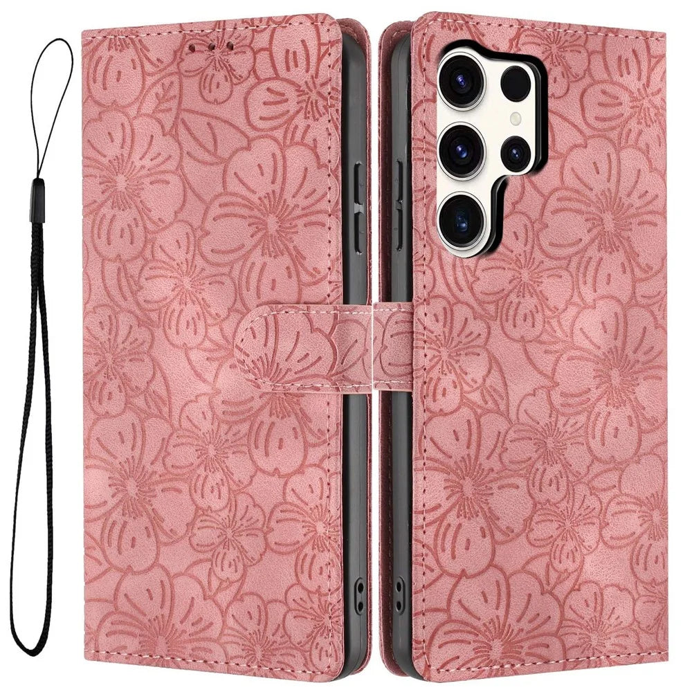 For Samsung Galaxy S25 Ultra Flip Case Cherry Blossom Pattern Leather Wallet Stand Phone Cover with Wrist Strap - 1