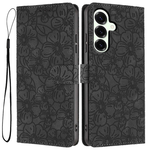 For Samsung Galaxy S25+ Flip Case Cherry Blossom Pattern Leather Wallet Stand Phone Cover with Wrist Strap - Black - 1