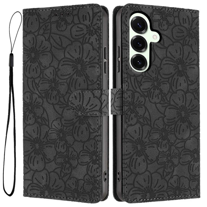 For Samsung Galaxy S25 Flip Case Cherry Blossom Pattern Leather Wallet Stand Phone Cover with Wrist Strap - Black - 1