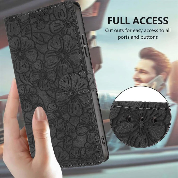 For Samsung Galaxy S25 Flip Case Cherry Blossom Pattern Leather Wallet Stand Phone Cover with Wrist Strap - Black - 6