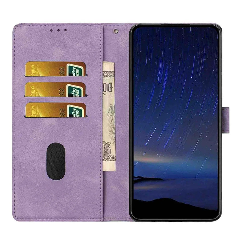 For Samsung Galaxy S24 FE Flip Case Cherry Blossom Pattern Leather Wallet Stand Phone Cover with Wrist Strap - Purple - 2