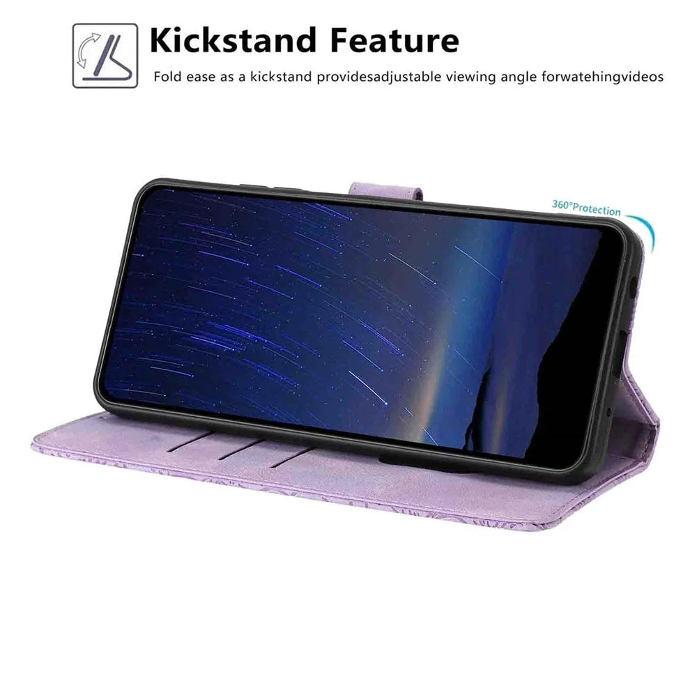 For Samsung Galaxy S24 FE Flip Case Cherry Blossom Pattern Leather Wallet Stand Phone Cover with Wrist Strap - Purple - 3
