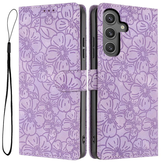 For Samsung Galaxy S24+ Flip Case Cherry Blossom Pattern Leather Wallet Stand Phone Cover with Wrist Strap - Purple - 1
