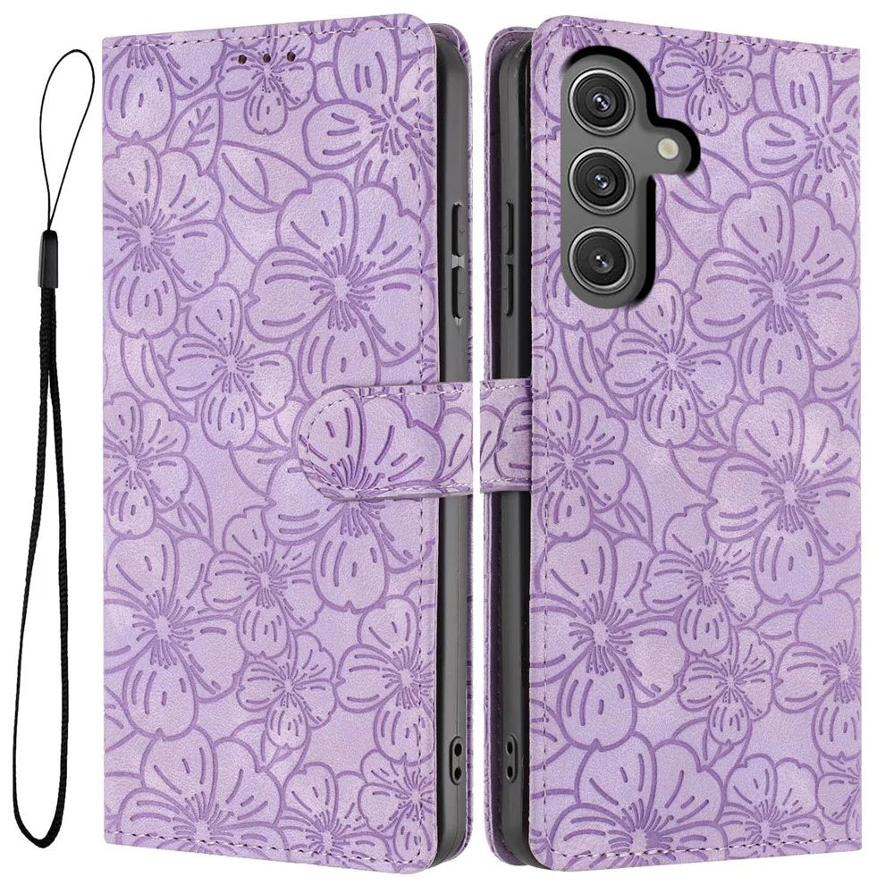 For Samsung Galaxy S24 Case Cherry Blossom Pattern Leather Wallet Stand Phone Cover with Wrist Strap - Purple - 1