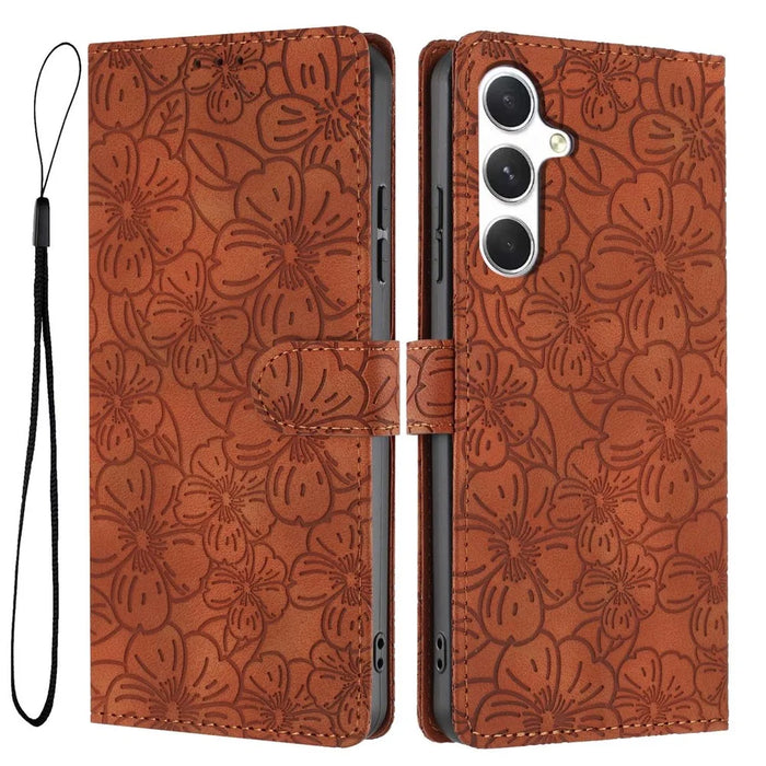 For Samsung Galaxy A55 5G Flip Case Cherry Blossom Pattern Leather Wallet Stand Phone Cover with Wrist Strap - Brown - 1