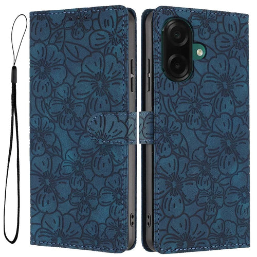 For Samsung Galaxy A05 4G Flip Case Cherry Blossom Pattern Leather Wallet Stand Phone Cover with Wrist Strap - Blue - 1