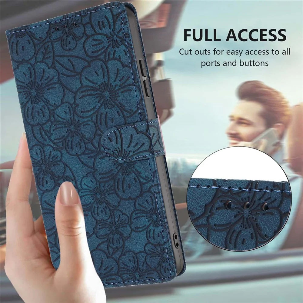 For Samsung Galaxy A05 4G Flip Case Cherry Blossom Pattern Leather Wallet Stand Phone Cover with Wrist Strap - Blue - 6