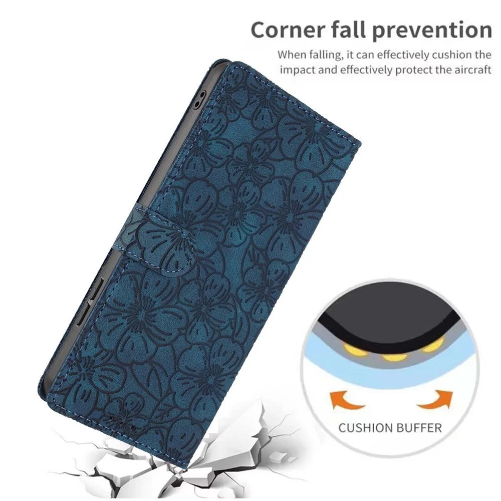 For Samsung Galaxy A05 4G Flip Case Cherry Blossom Pattern Leather Wallet Stand Phone Cover with Wrist Strap - Blue - 7
