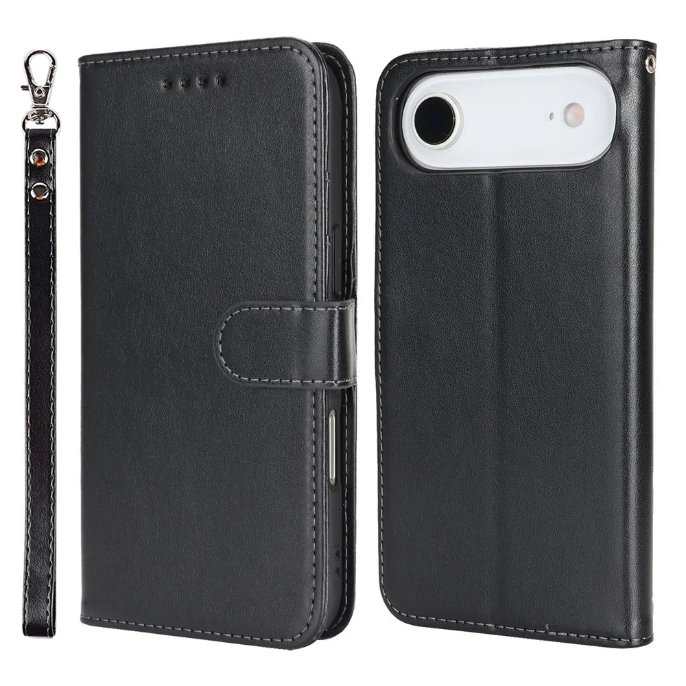 For iPhone Air Case R61 Texture Wallet Leather Flip Phone Cover with Wrist Strap - Black - 1