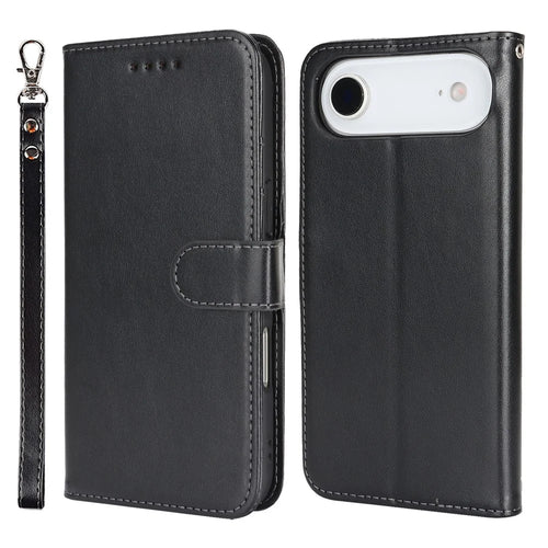 For iPhone Air Case R61 Texture Wallet Leather Flip Phone Cover with Wrist Strap - Black - 1