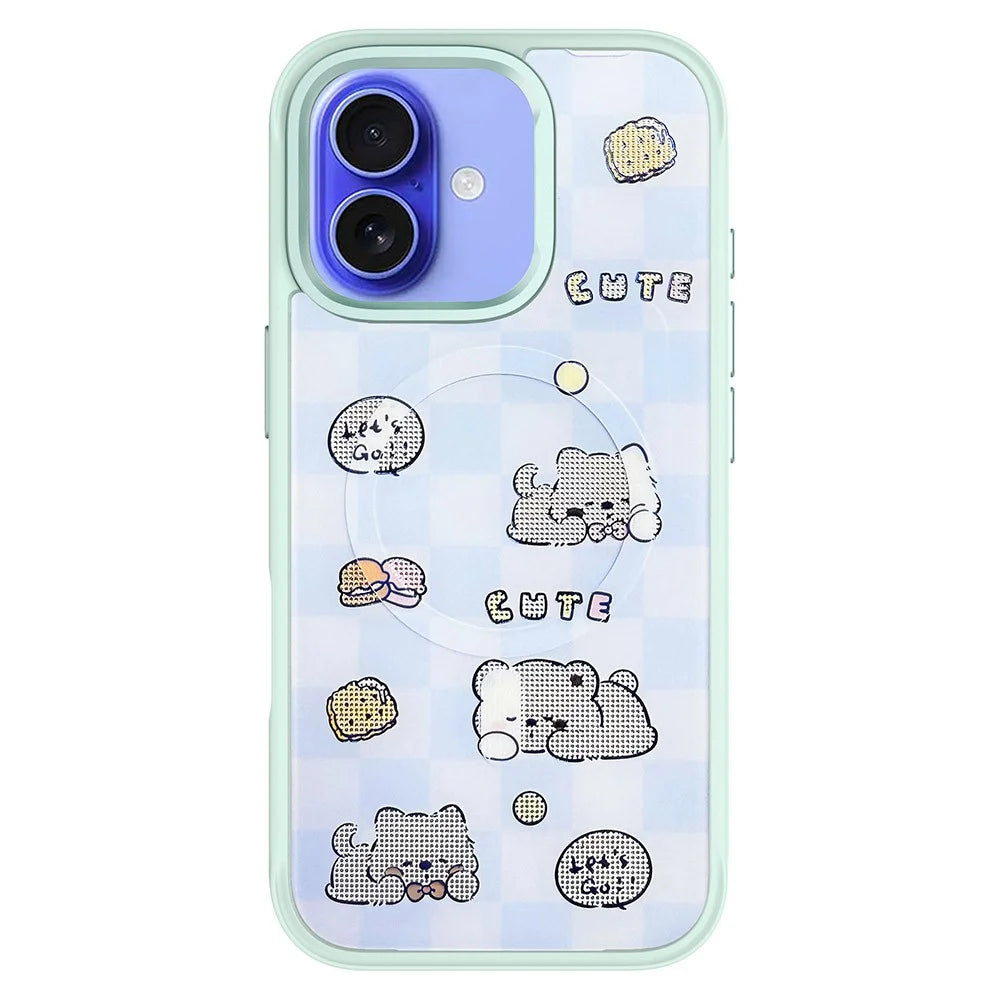 For iPhone 16 Magnetic Case TPU PC Phone Cover with Detachable Cookie Bear Blue Backplate - Green - 1