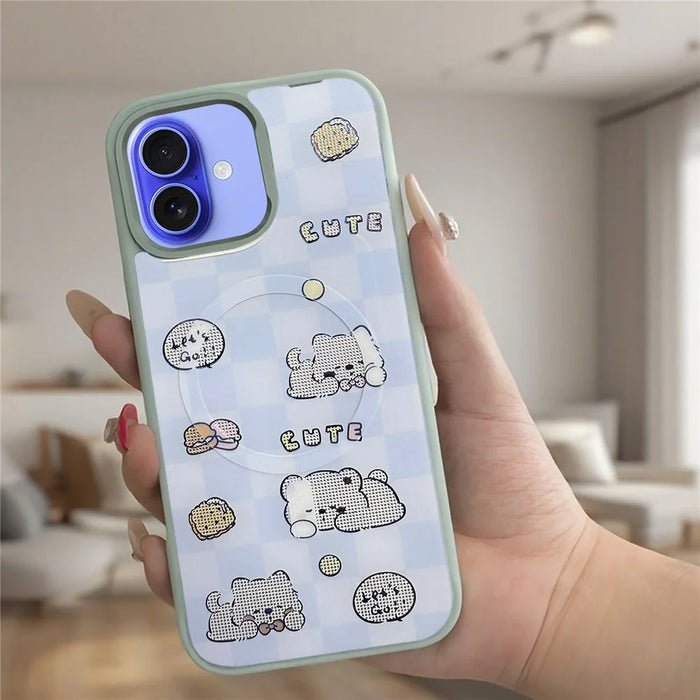 For iPhone 16 Magnetic Case TPU PC Phone Cover with Detachable Cookie Bear Blue Backplate - Green - 3