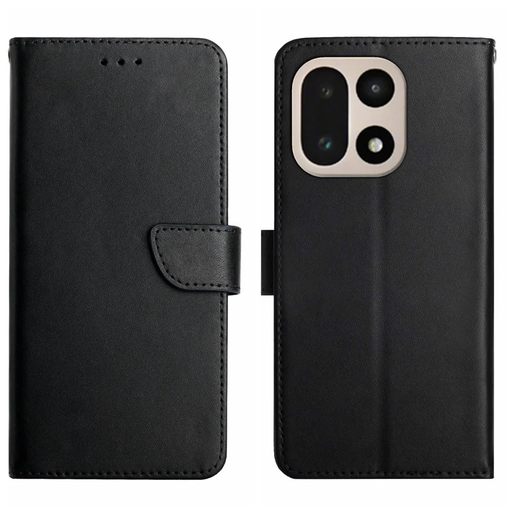 For OnePlus 15 5G Case Genuine Cow Leather Phone Cover Nappa Texture - Black - 1