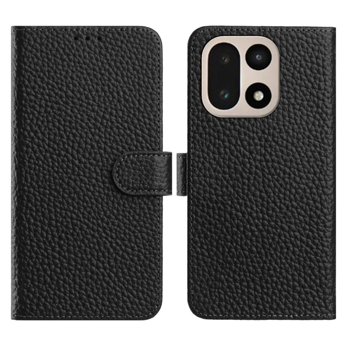 For OnePlus 15 5G Case Wallet Stand Litchi Texture Genuine Cow Leather Flip Phone Cover - Black - 1