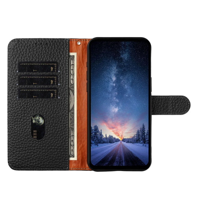 For OnePlus 15 5G Case Wallet Stand Litchi Texture Genuine Cow Leather Flip Phone Cover - Black - 7