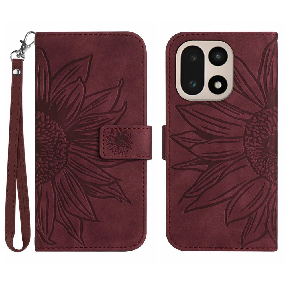 For OnePlus 15 5G Case Sunflower Imprint Leather Wallet Phone Cover with Wrist Strap - Wine Red - 1