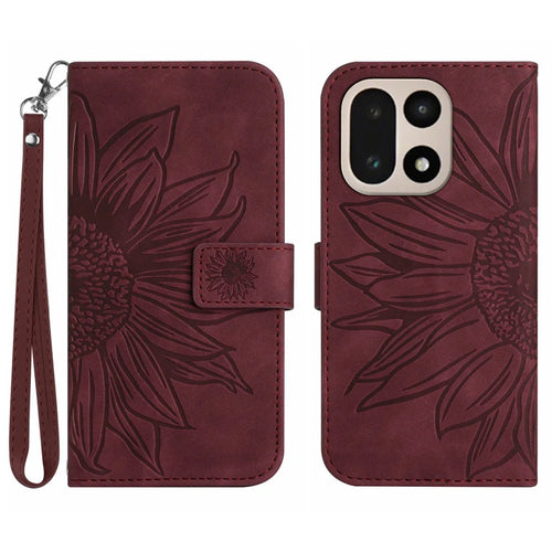 For OnePlus 15 5G Case Sunflower Imprint Leather Wallet Phone Cover with Wrist Strap - Wine Red - 1