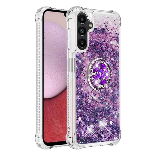 For Samsung Galaxy A14 5G / A14 4G TPU Case with Kickstand Quicksand Shockproof Cover - Dark Purple  /  Hearts - 1