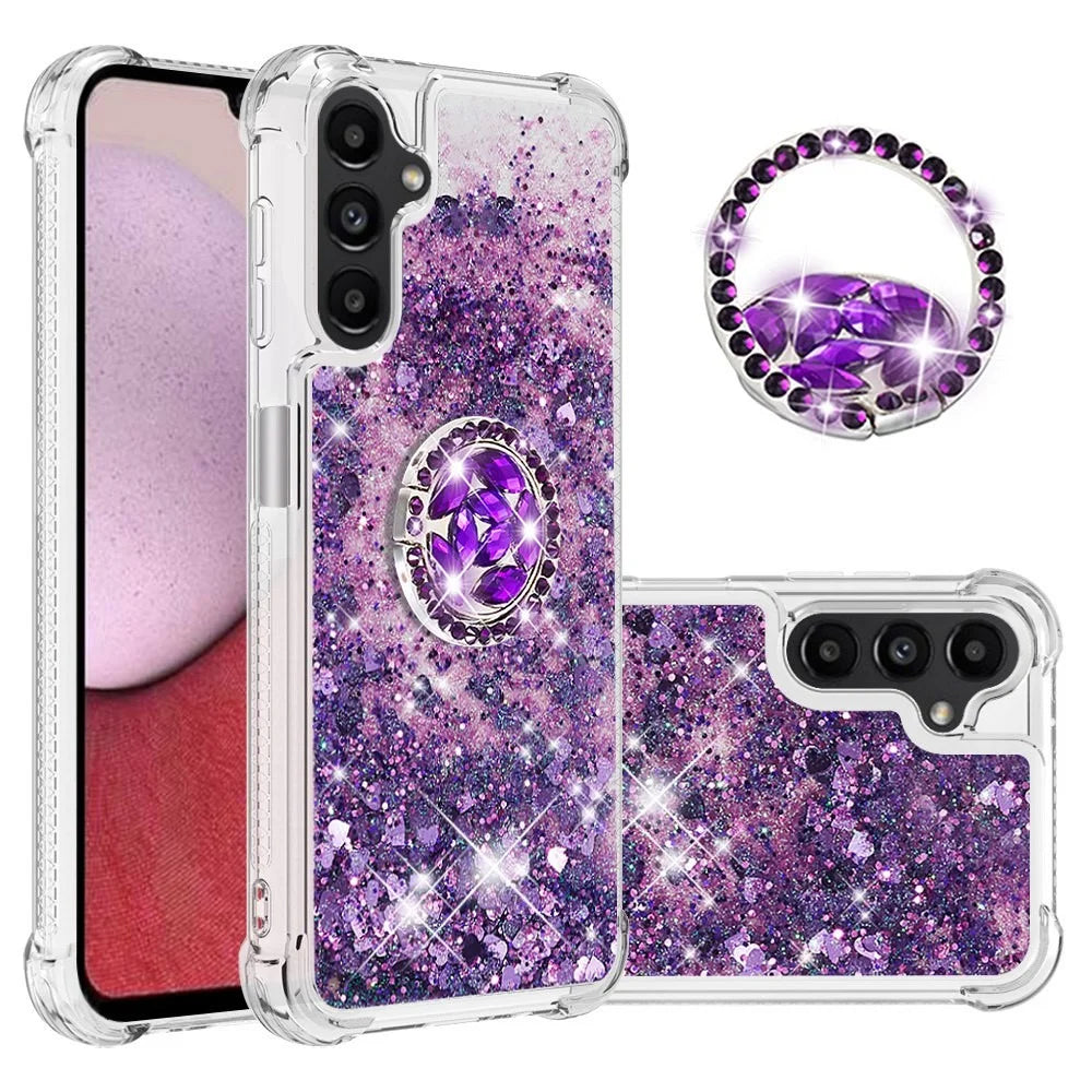 For Samsung Galaxy A14 5G / A14 4G TPU Case with Kickstand Quicksand Shockproof Cover - Dark Purple  /  Hearts - 2