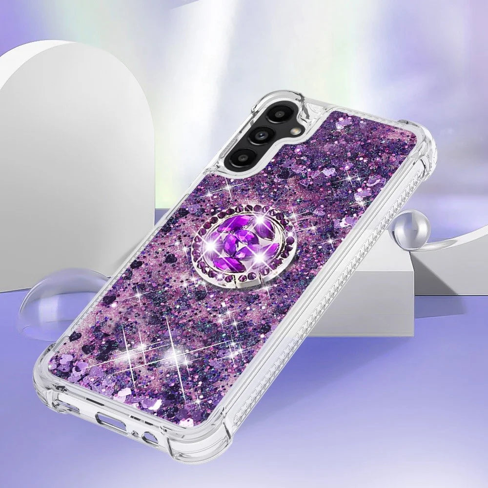 For Samsung Galaxy A14 5G / A14 4G TPU Case with Kickstand Quicksand Shockproof Cover - Dark Purple  /  Hearts - 5