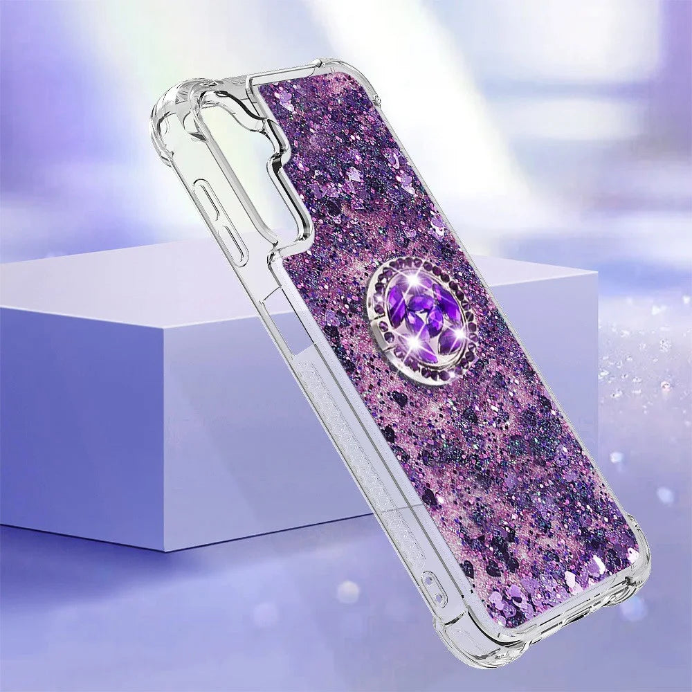 For Samsung Galaxy A14 5G / A14 4G TPU Case with Kickstand Quicksand Shockproof Cover - Dark Purple  /  Hearts - 6