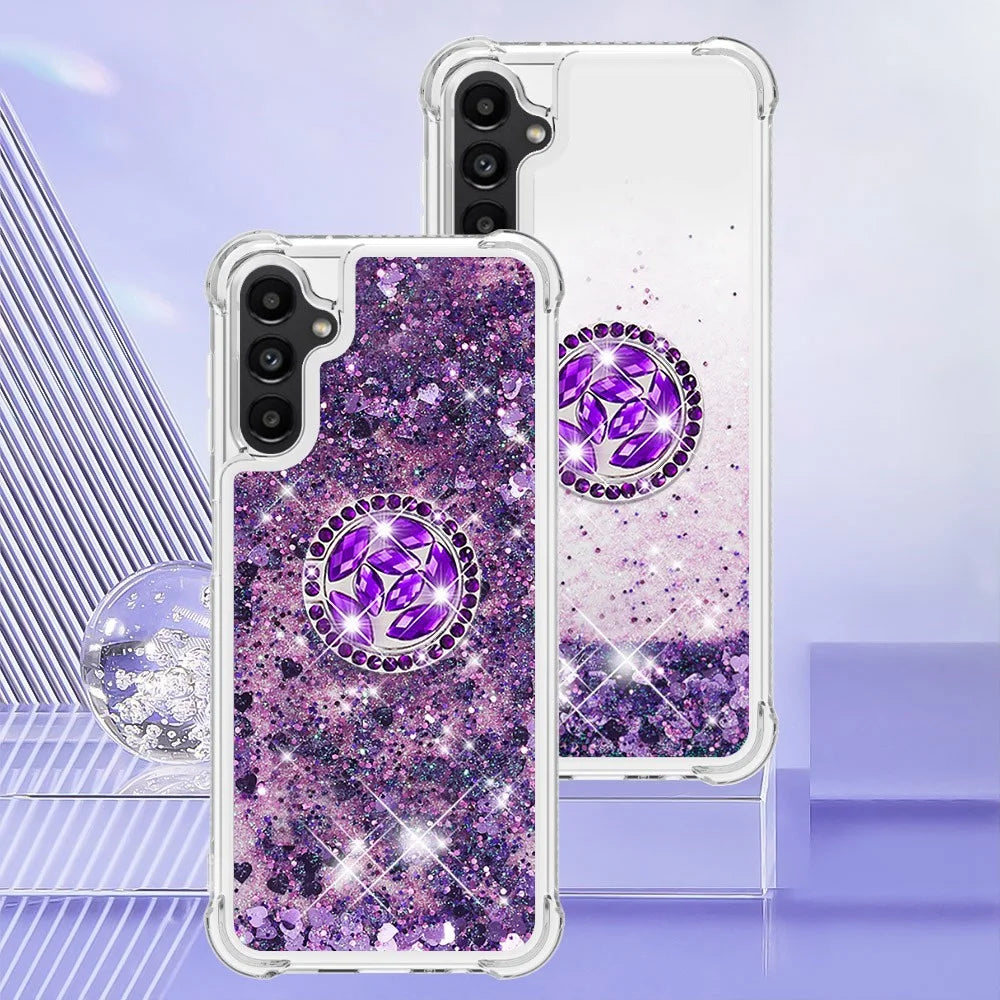 For Samsung Galaxy A14 5G / A14 4G TPU Case with Kickstand Quicksand Shockproof Cover - Dark Purple  /  Hearts - 7